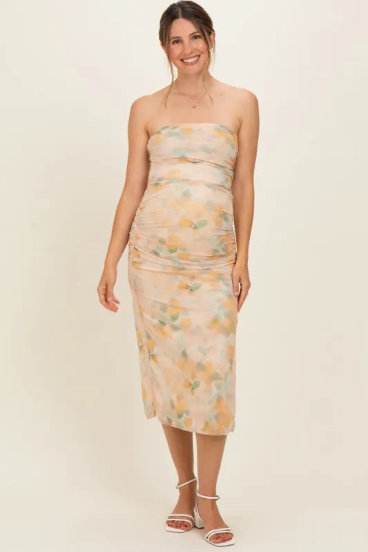 Yellow Floral Mesh Ruched Strapless Maternity Midi Dress made by Fore Collection