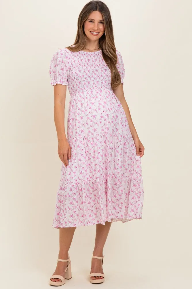Pink Rose Floral Smocked Puff Sleeve Maternity Midi Dress sold by Pinkblush