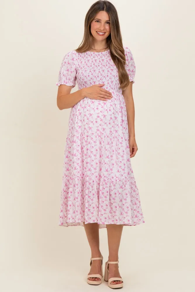 Pink Rose Floral Smocked Puff Sleeve Maternity Midi Dress sold by Pinkblush product image thumbnail 2