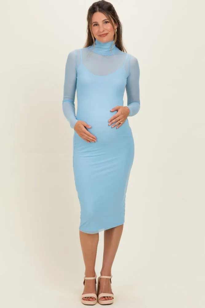 Blue Mesh Overlay Fitted Maternity Midi Dress sold by Pinkblush product image thumbnail 2