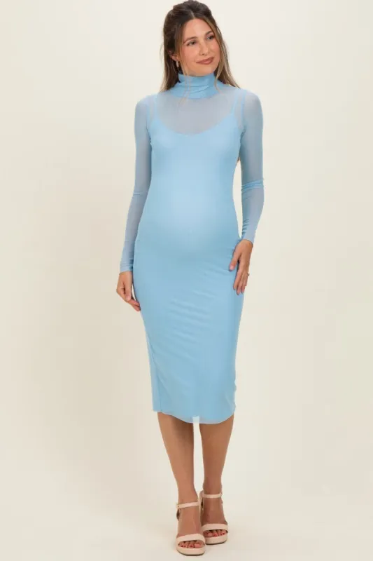 Blue Mesh Overlay Fitted Maternity Midi Dress made by Pinkblush