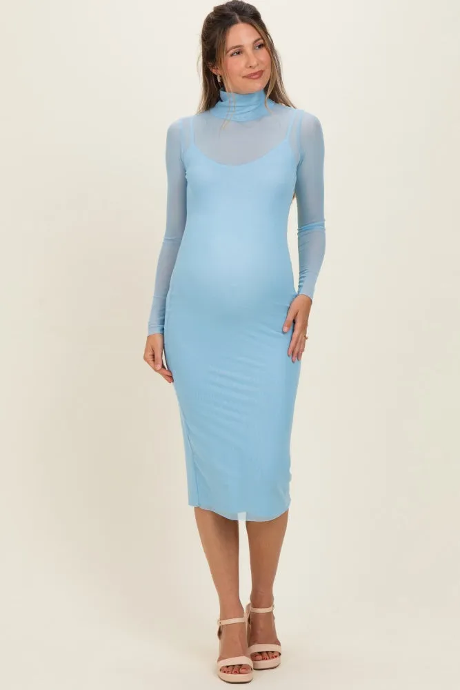 Blue Mesh Overlay Fitted Maternity Midi Dress sold by Pinkblush
