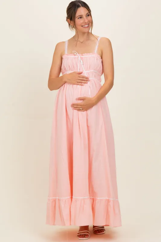 Soft Pink Lace Ribbon Detail Maternity Maxi Dress made by Inloom
