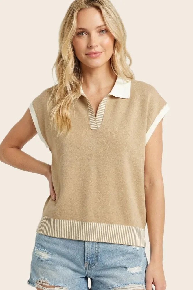 Tan Stripe Trim Collared Top sold by Pinkblush product image thumbnail 2