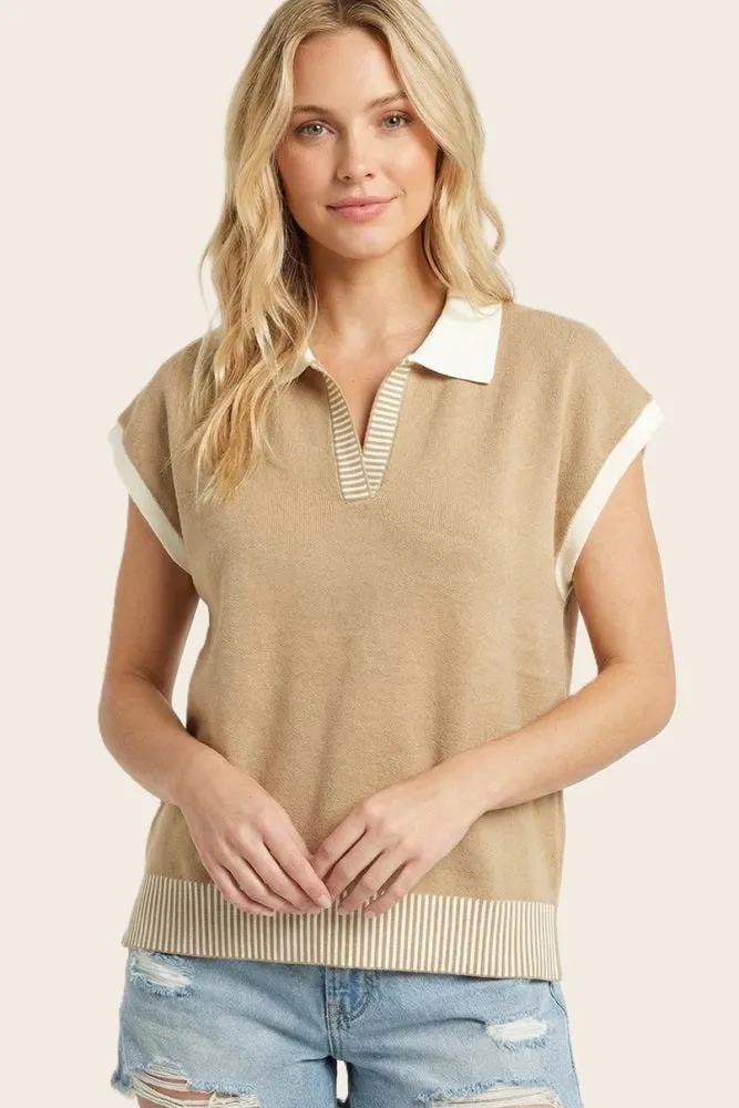 Tan Stripe Trim Collared Top sold by Pinkblush