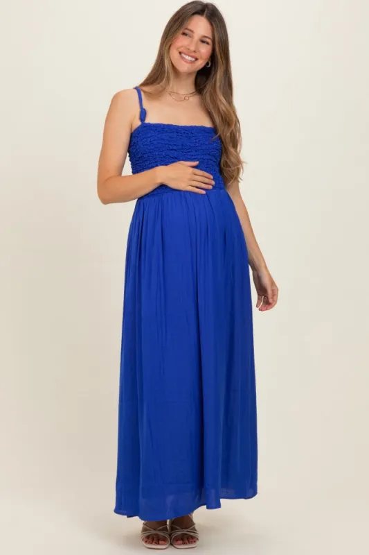 Capri Blue Textured Smocked Maternity Maxi Dress made by Naked Zebra