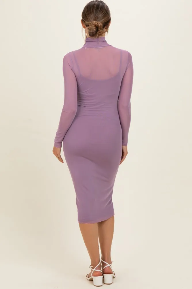Dusty Lavender Mesh Overlay Fitted Maternity Midi Dress sold by Pinkblush product image thumbnail 4