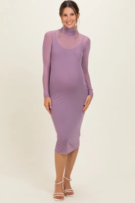 Dusty Lavender Mesh Overlay Fitted Maternity Midi Dress made by Pinkblush