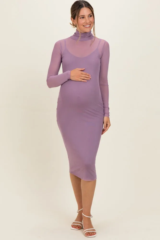 Dusty Lavender Mesh Overlay Fitted Maternity Midi Dress sold by Pinkblush product image thumbnail 2