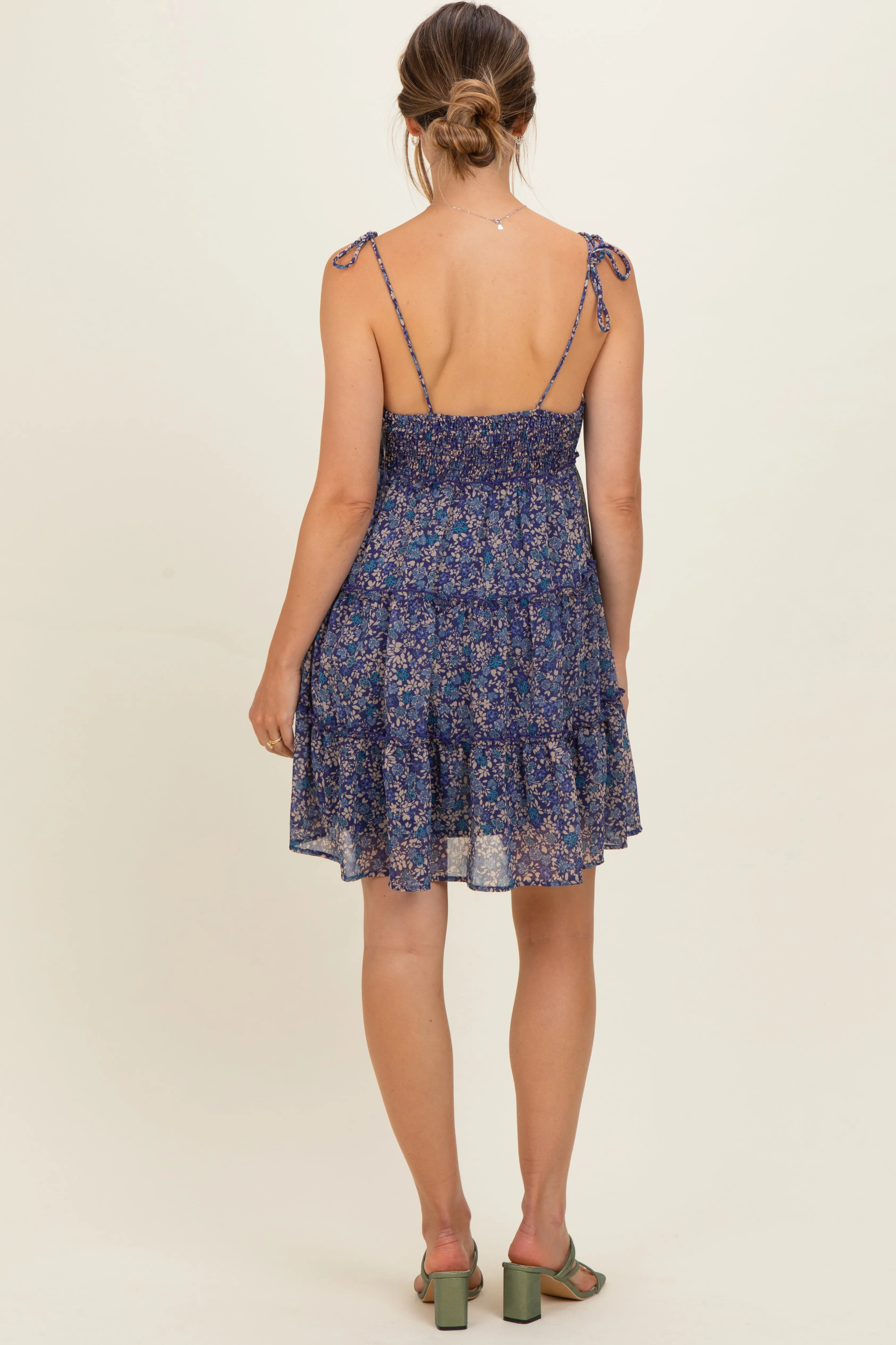 Navy Floral Shoulder Tie Tiered Maternity Mini Dress sold by Pinkblush product image thumbnail 4