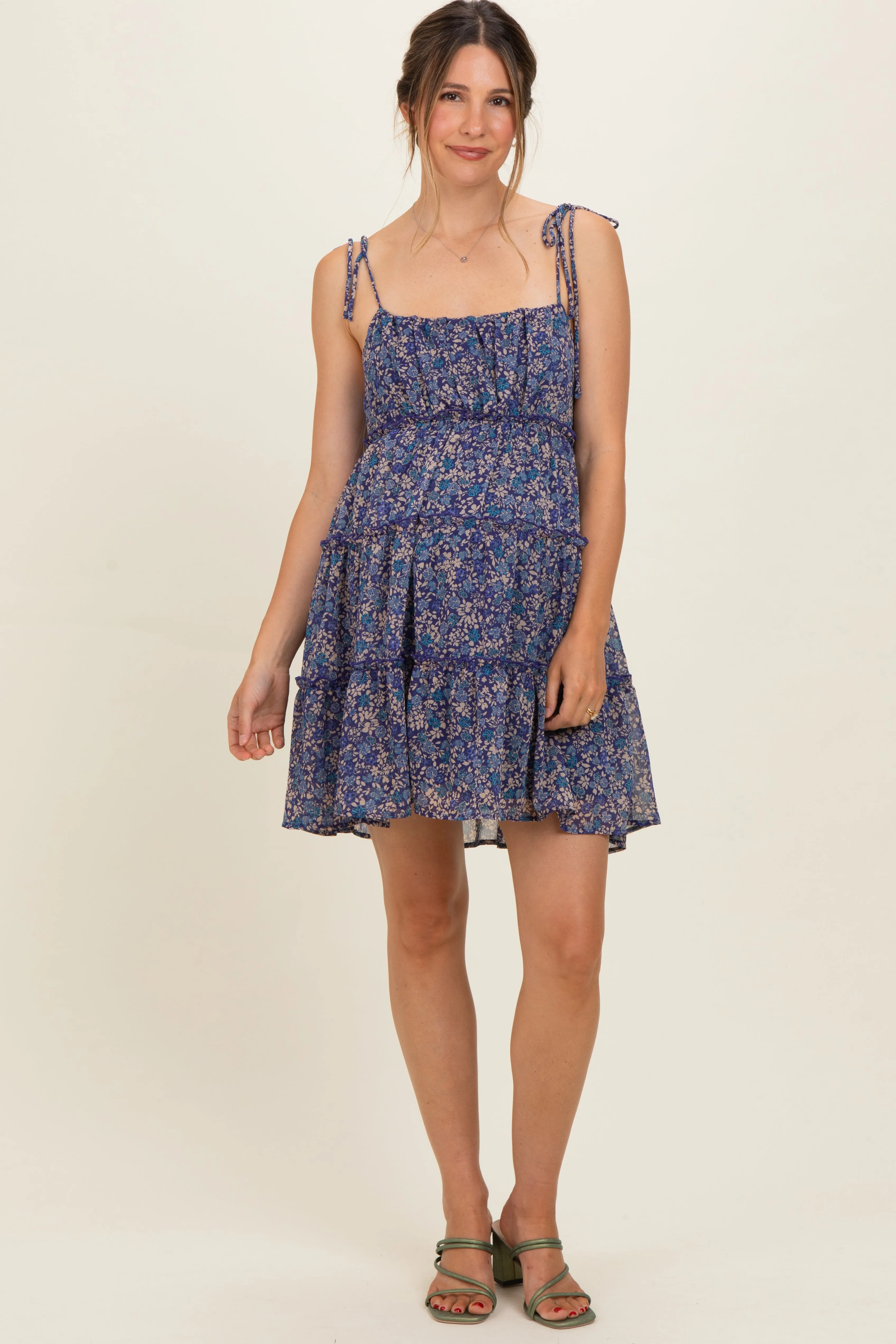 Navy Floral Shoulder Tie Tiered Maternity Mini Dress sold by Pinkblush