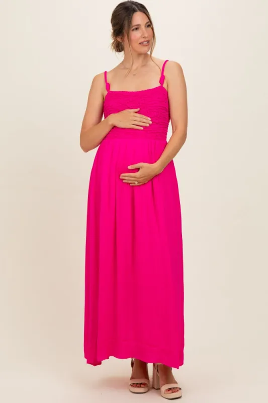 Hot Pink Textured Smocked Maternity Maxi Dress made by Naked Zebra