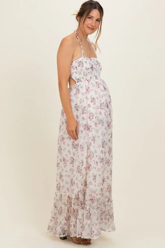 Ivory Floral Smocked Open Back Maternity Maxi Dress sold by Pinkblush product image thumbnail 3