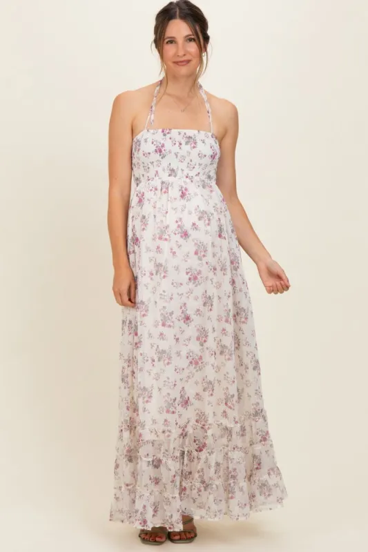 Ivory Floral Smocked Open Back Maternity Maxi Dress made by HYFVE