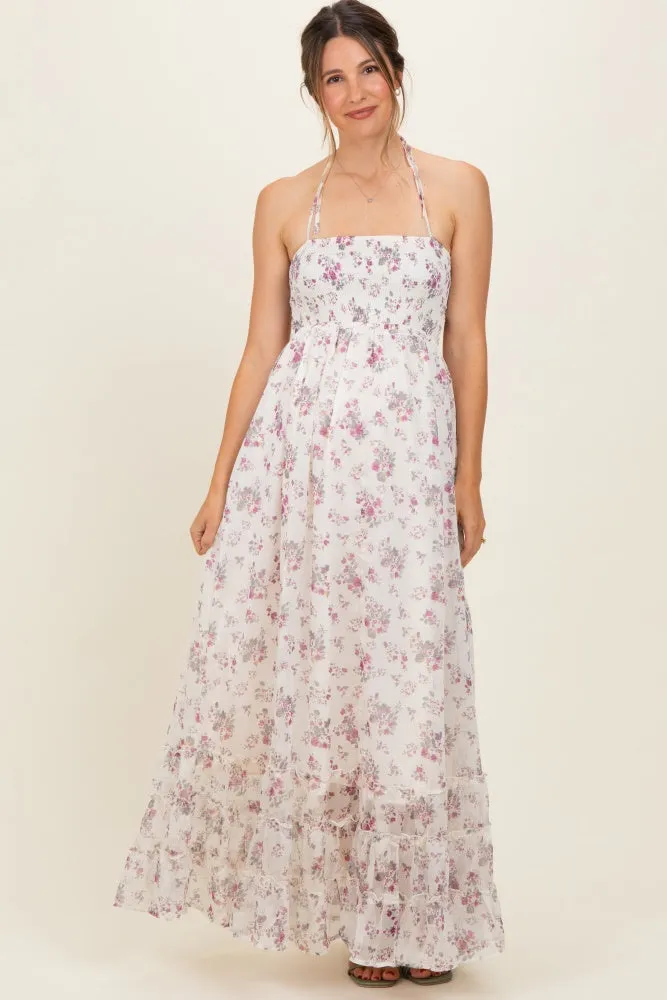 Ivory Floral Smocked Open Back Maternity Maxi Dress sold by Pinkblush product image thumbnail 2