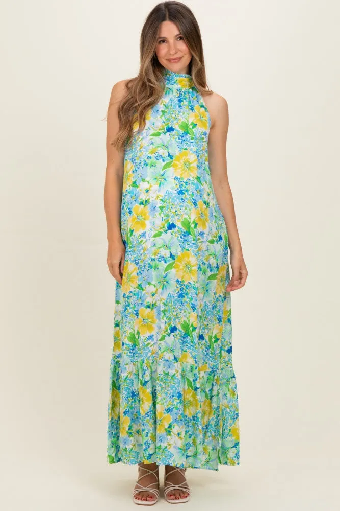 Blue Floral Halter Maternity Maxi Dress sold by Pinkblush