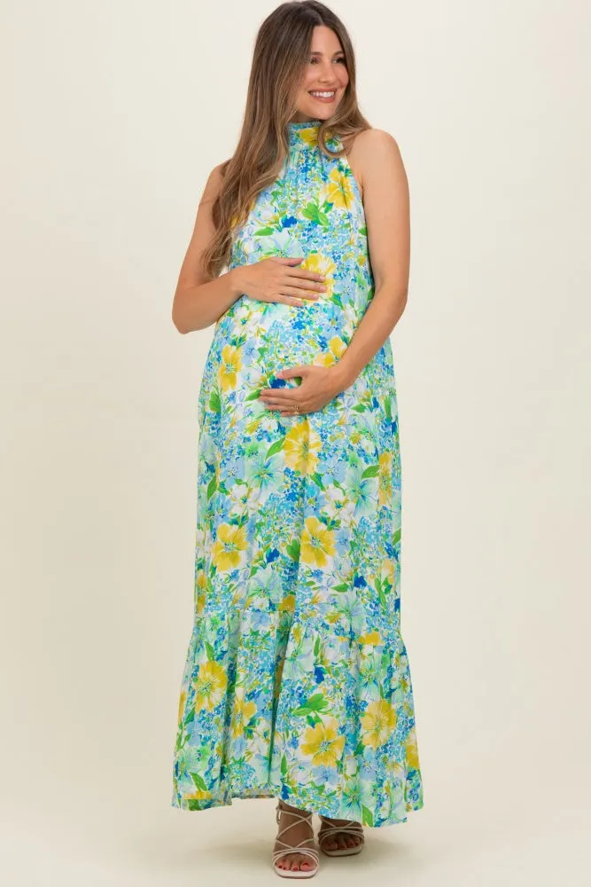 Blue Floral Halter Maternity Maxi Dress sold by Pinkblush product image thumbnail 2