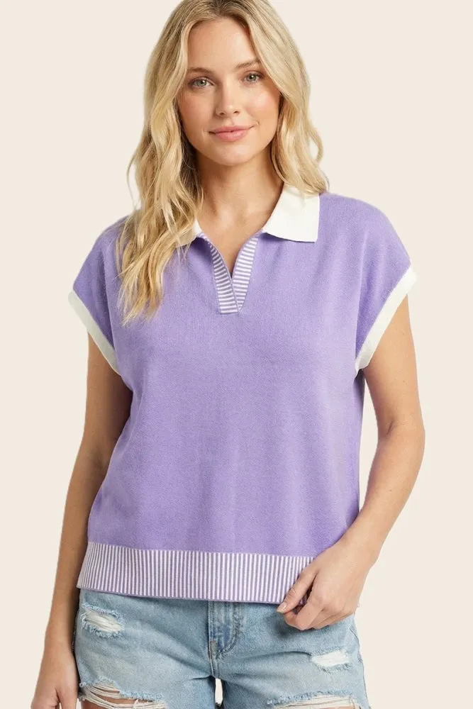 Lavender Stripe Trim Collared Top sold by Pinkblush