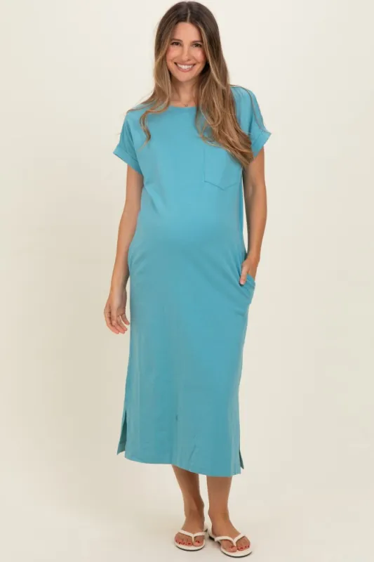Dusty Teal Pocket Front Maternity Midi T-Shirt Dress made by Zenana Outfitters