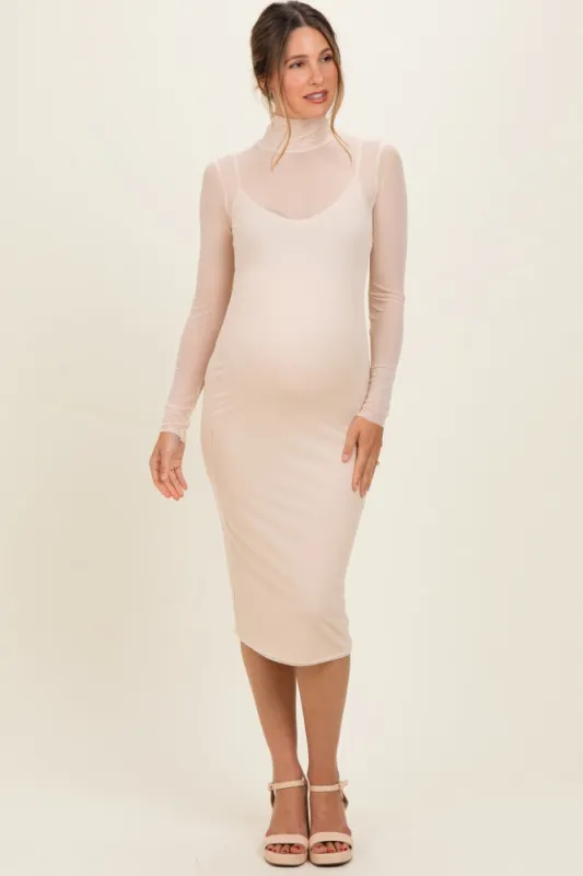Beige Mesh Overlay Fitted Maternity Midi Dress made by Pinkblush