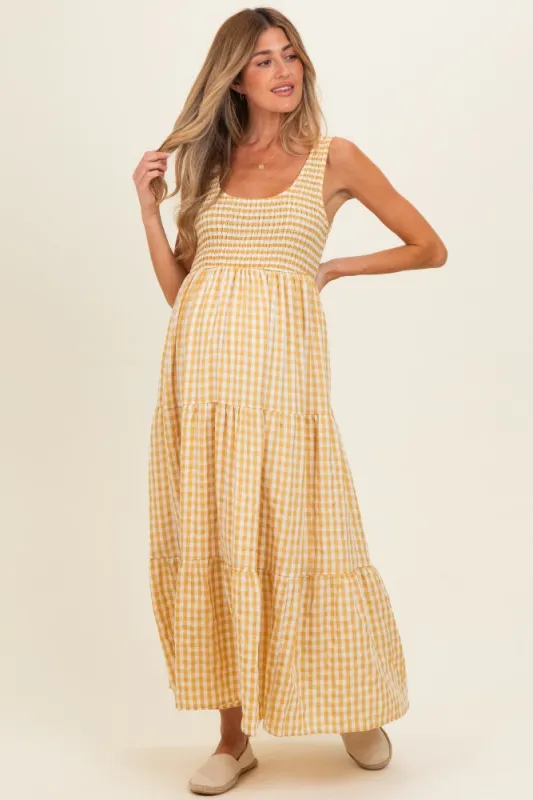 Yellow Gingham Sleeveless Tiered Maternity Maxi Dress made by BaeVely