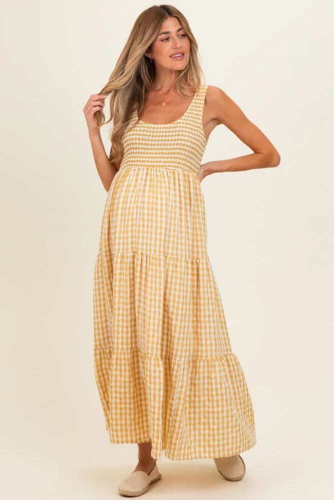 Yellow Gingham Sleeveless Tiered Maternity Maxi Dress sold by Pinkblush