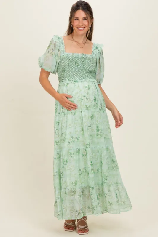 Mint Floral Chiffon Smocked Maternity Maxi Dress made by Davi & Dani