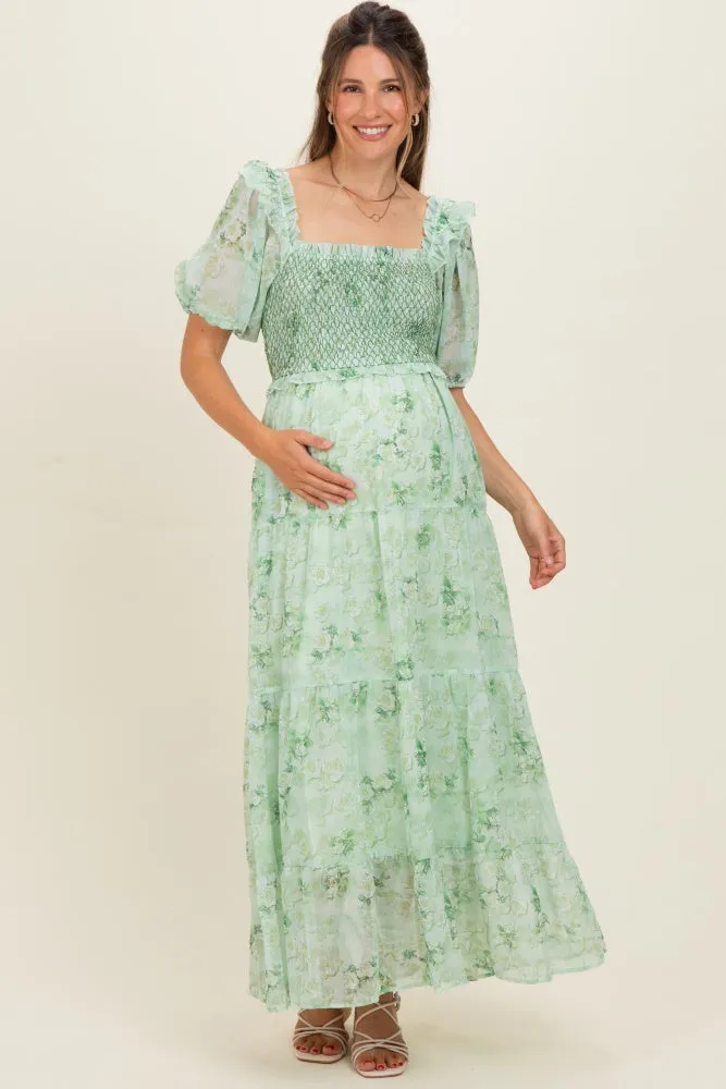 Mint Floral Chiffon Smocked Maternity Maxi Dress sold by Pinkblush