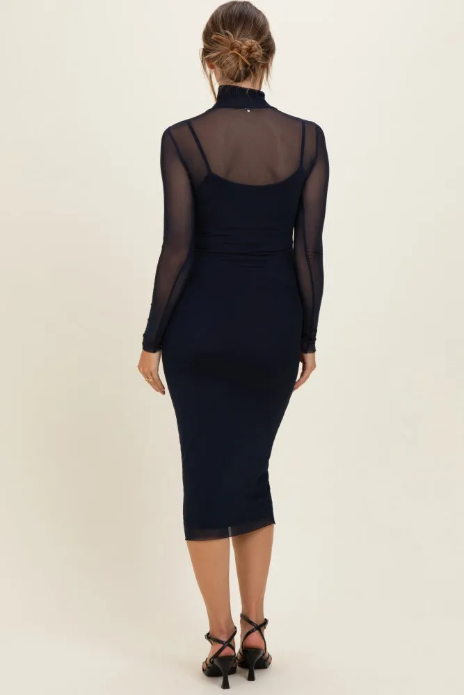 Navy Mesh Overlay Fitted Maternity Midi Dress sold by Pinkblush product image thumbnail 4