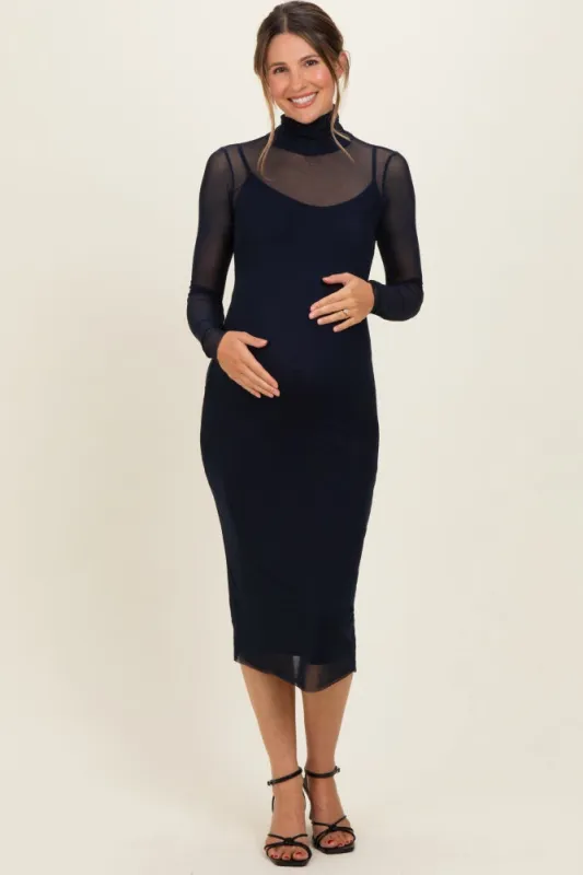 Navy Mesh Overlay Fitted Maternity Midi Dress made by Pinkblush