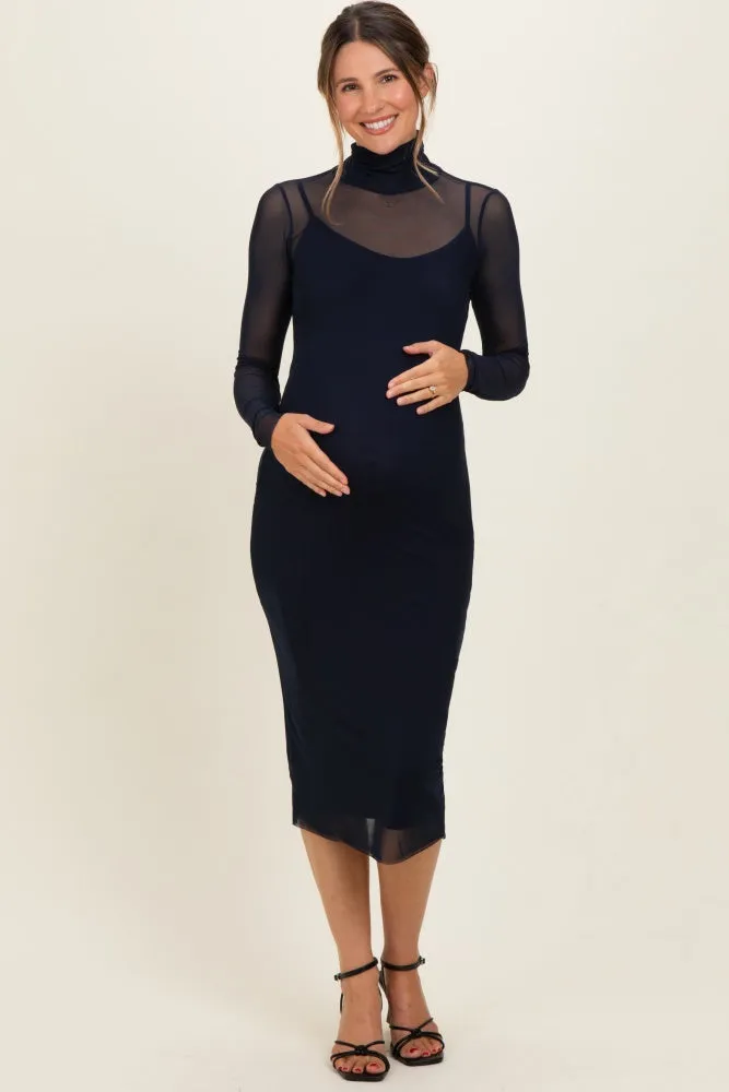 Navy Mesh Overlay Fitted Maternity Midi Dress sold by Pinkblush