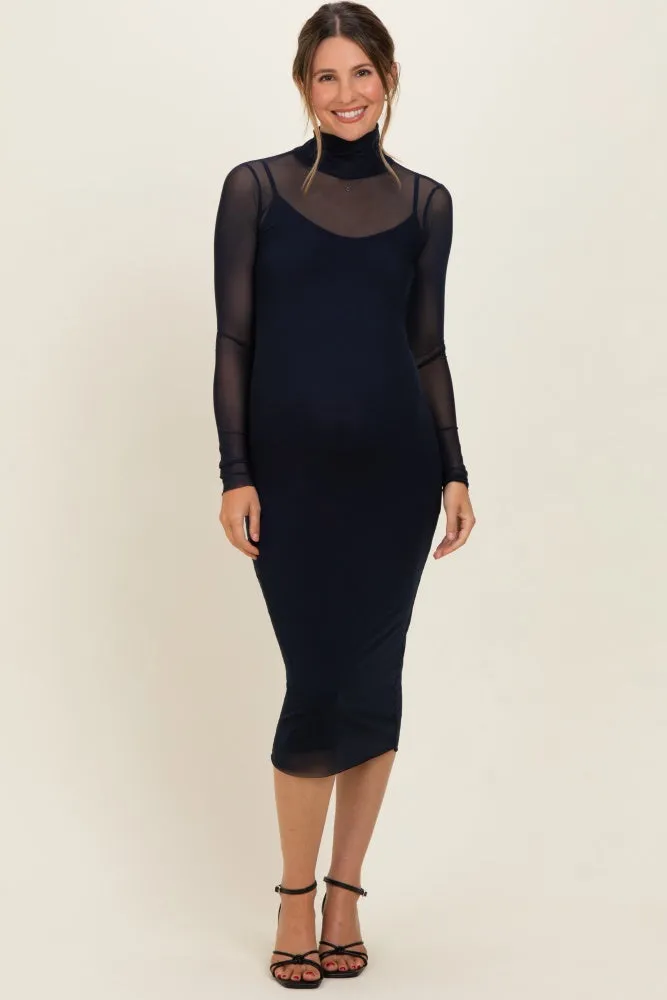 Navy Mesh Overlay Fitted Maternity Midi Dress sold by Pinkblush product image thumbnail 2