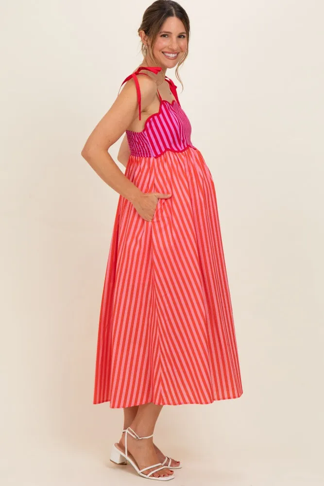 Red Striped Colorblock Scallop Detail Maternity Midi Dress sold by Pinkblush product image thumbnail 3