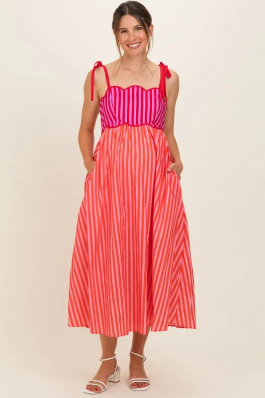 Red Striped Colorblock Scallop Detail Maternity Midi Dress made by entro