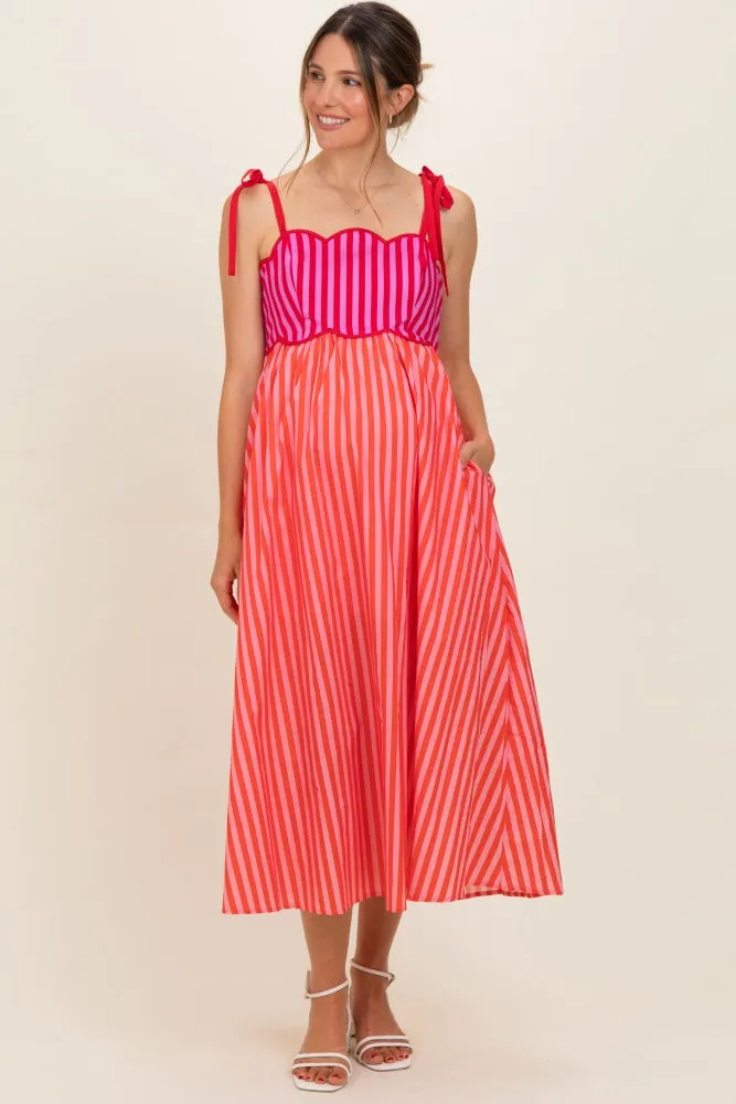 Red Striped Colorblock Scallop Detail Maternity Midi Dress sold by Pinkblush product image thumbnail 2