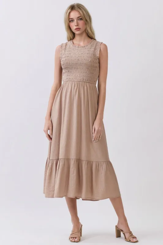 Beige Smocked And Tiered Maxi Dress made by Pinkblush