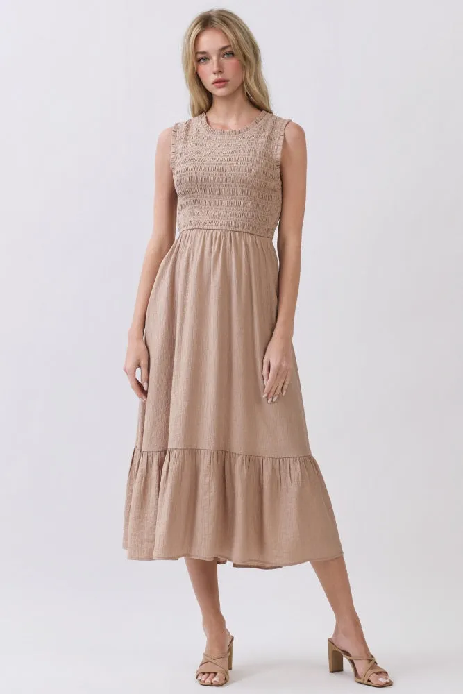 Beige Smocked And Tiered Maxi Dress sold by Pinkblush