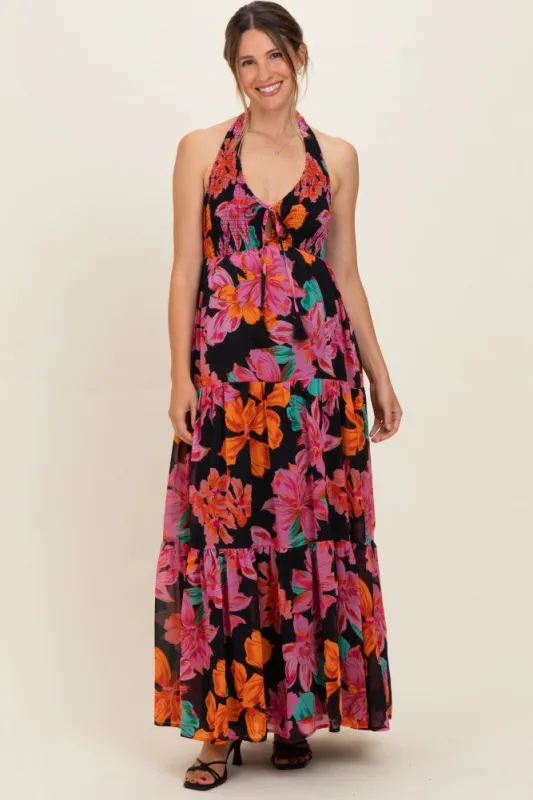Black Floral Deep V-Neck Smocked Maternity Midi Dress made by Flying Tomato