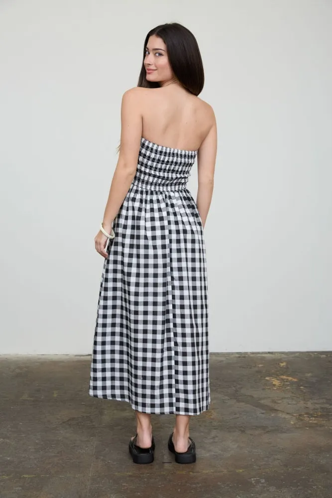 Black White Plaid Strapless Smocked Midi Dress sold by Pinkblush product image thumbnail 3
