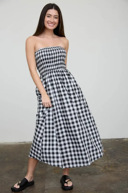Black White Plaid Strapless Smocked Midi Dress made by Blu Pepper