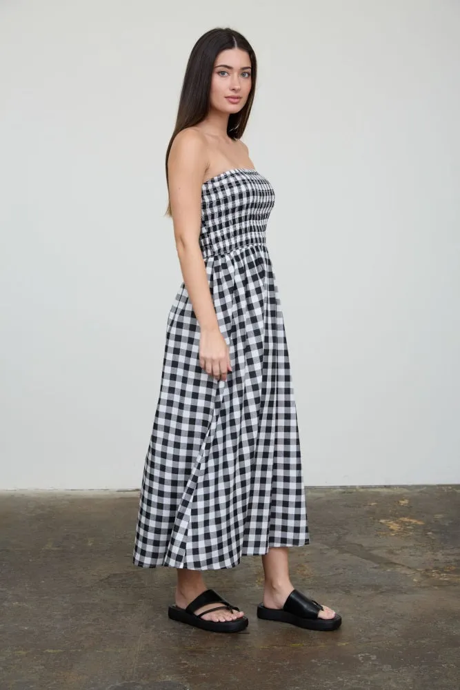 Black White Plaid Strapless Smocked Midi Dress sold by Pinkblush product image thumbnail 2