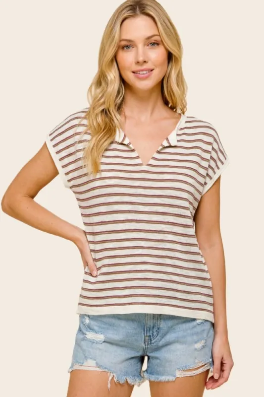 Rust Split Neck Striped Knit Top made by Staccato