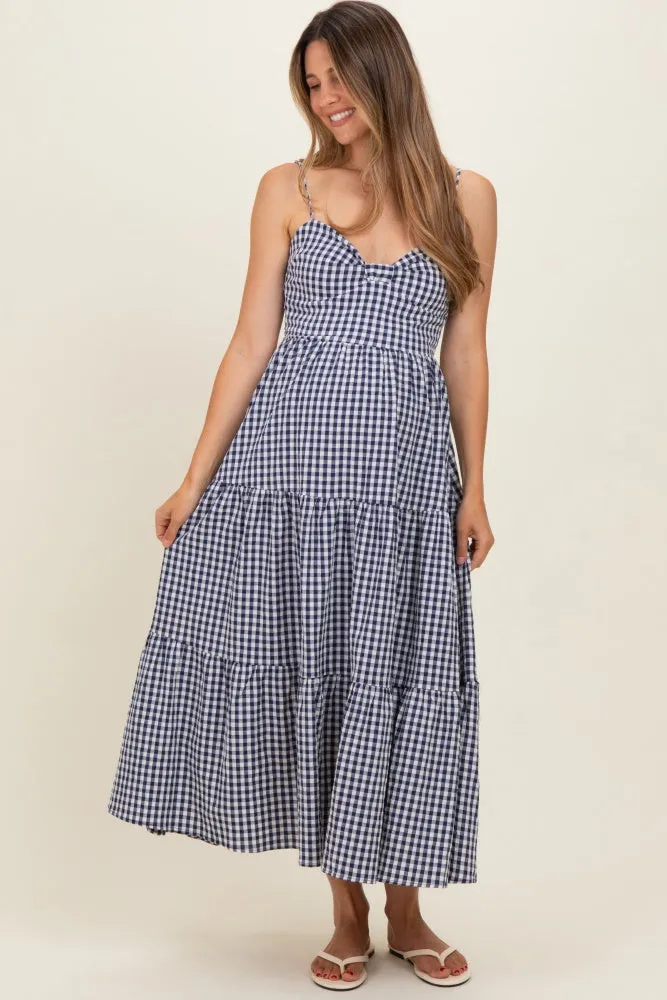Navy Gingham Cutout Tie Back Tiered Maternity Maxi Dress sold by Pinkblush