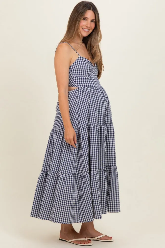 Navy Gingham Cutout Tie Back Tiered Maternity Maxi Dress sold by Pinkblush product image thumbnail 2