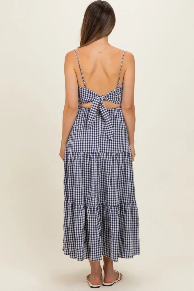 Navy Gingham Cutout Tie Back Tiered Maternity Maxi Dress sold by Pinkblush product image thumbnail 3