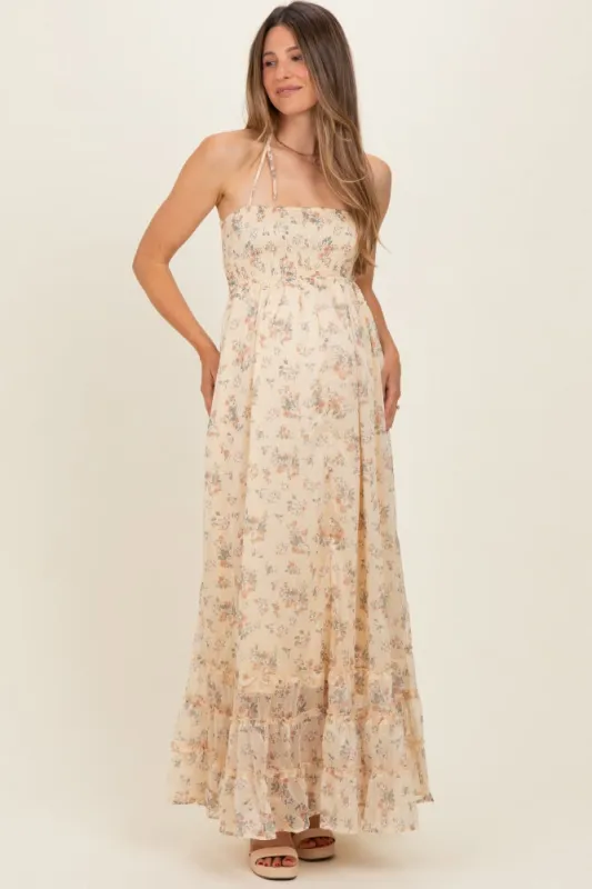 Yellow Floral Smocked Open Back Maternity Maxi Dress made by HYFVE