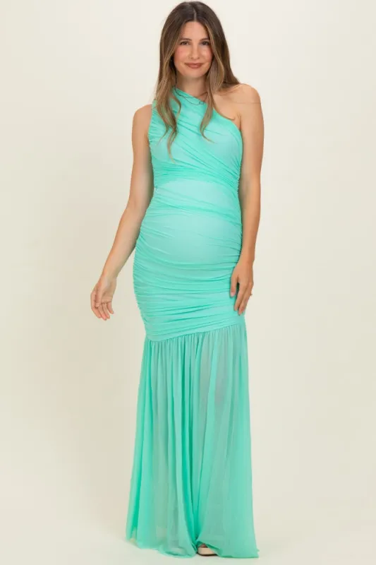 Jelly Mint Ruched Mesh One Shoulder Maternity Maxi Dress made by cameo
