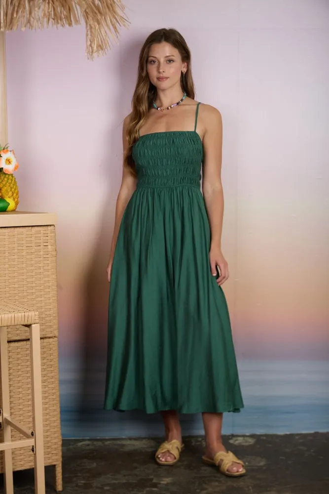 Kelly Green Smocked Thin Strap Midi Dress sold by Pinkblush