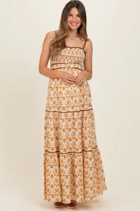 Camel Printed Smocked Maternity Maxi Dress made by Flying Tomato