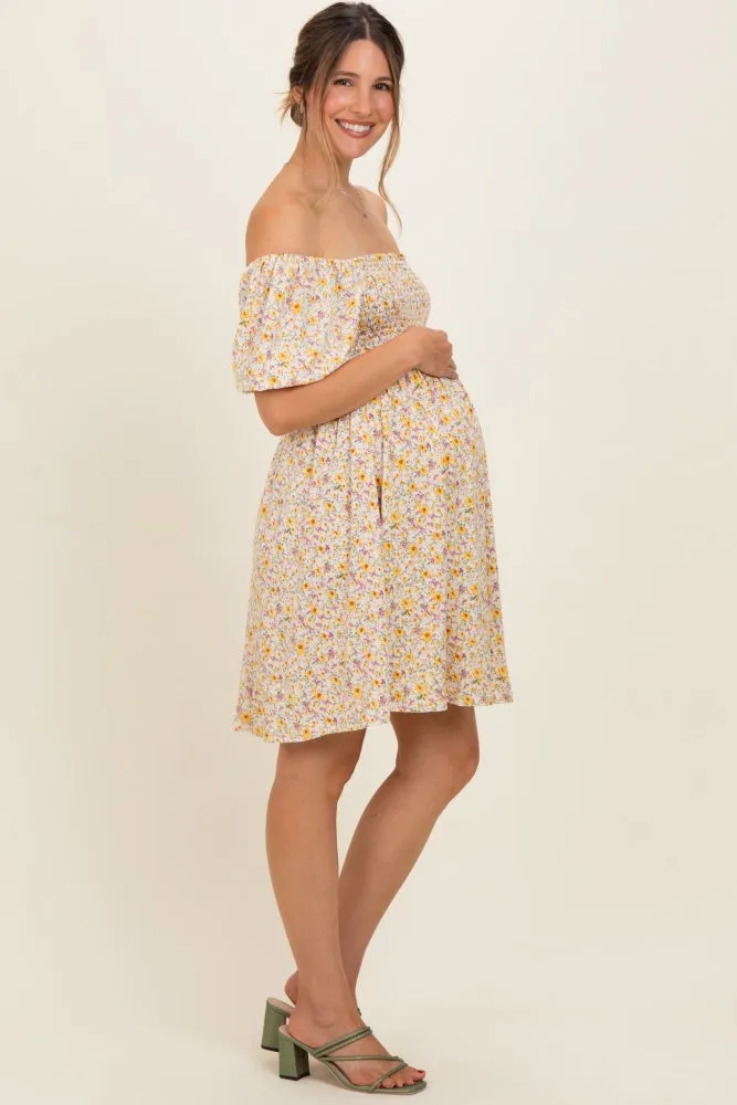 Yellow Multi Ditsy Floral Ruffle Bubble Sleeve Smocked Maternity Dress sold by Pinkblush product image thumbnail 3